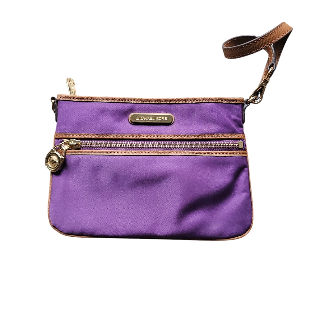 MICHAEL KORS Purple Brown leather logo lock‎ charm pouch/ mini hand bag